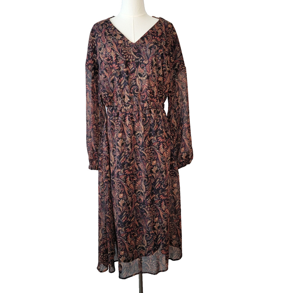 Evereve Brown Paisley Midi Dress Made USA Dark Fairy Cottagecore Office Career M